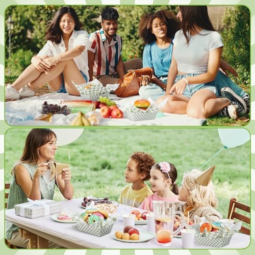 Geosar 200 PcsGingham Paper Food Tray with Wax Paper,Green White