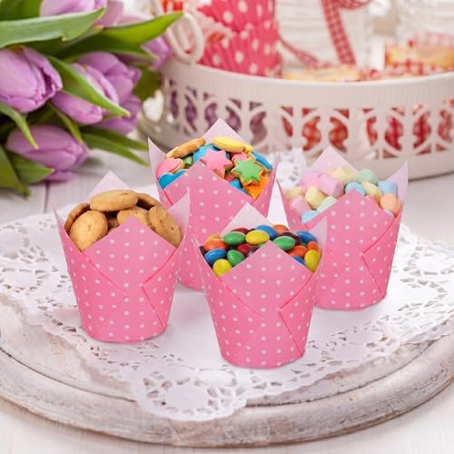 Maxdot 200 Pcs Pink and White Polka Dot Tulip Cupcake Liners for Baking Paper Muffin Baking Cups Tulip Muffin liners Wrappers for Bridal Baby Shower Wedding Birthday Party Decor