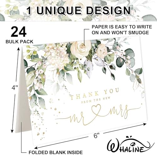 Whaline 24 Pack Wedding Thank You Cards Eucalyptus Leaves Greeting Card From the New Mr & Mrs Floral Blank Note Cards with Envelope Sticker for Bridal Shower