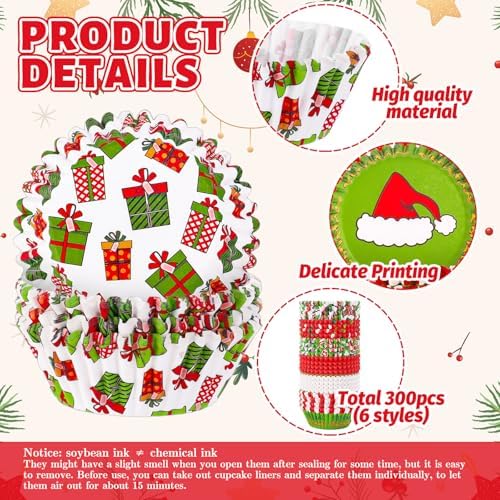 FYSUIMU 300Pcs Christmas Cupcake Liners Funny Cartoon Character Paper Baking Cups Xmas Red Green Standard Muffin Cupcake Wrappers for Holiday Party Supplies Table Decor
