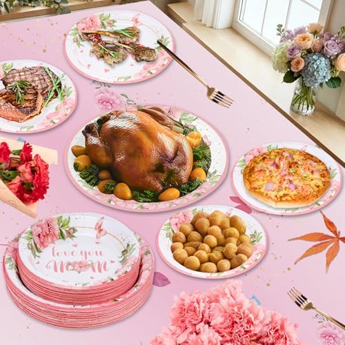 24 Pcs Happy Mother's Day Plates Set - Pink Love You Mom Paper Plate, Disposable Flowers Mothers Day Round Dinner Dessert Plates Tableware for Mother Days Party Supplies Favors Table Decorations