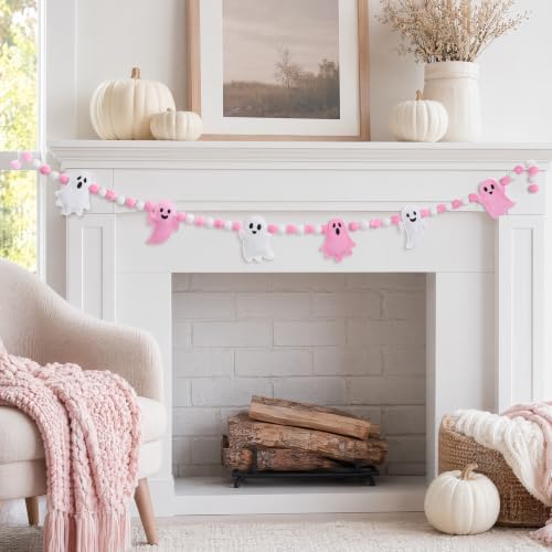 Jansun Pink Ghost Garland 3D Felt Halloween Banner for Fireplace Decor