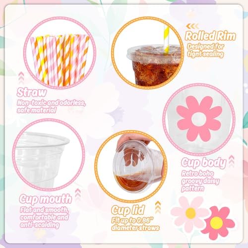 Whaline 60Pcs 12Oz Daisy Disposable Plastic Cups with Lids and Straws Retro Boho Groovy Flower Cold Beverage Drinking Cups for Wedding Birthday Baby Shower