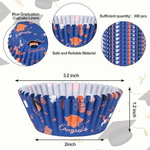 Whaline 300 Pcs Graduation Cupcake Liners Paper Baking Cups Orange Blue Congrats Graduation Cap Muffin Holders Wrappers for College High School Grad Party Decor Supplies, 2 x 1.2 Inch