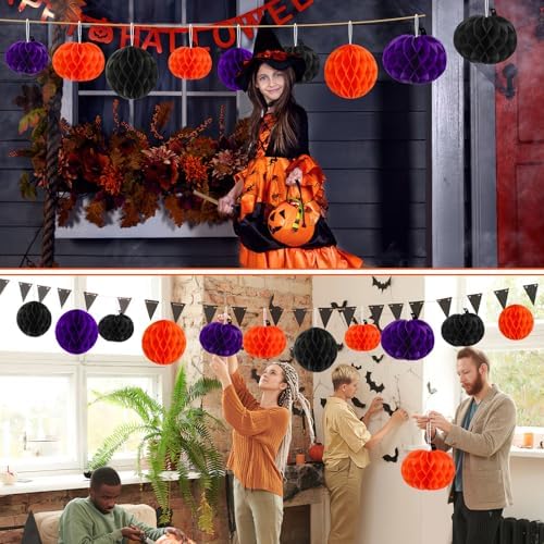 15Pcs Halloween Honeycomb Hanging Decorations Orange Purple Black
