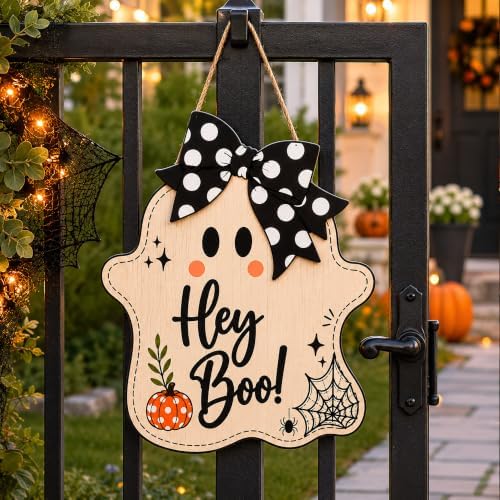 Halloween Party Decorations - Hey Boo Wooden Ghost Sign for Front Door