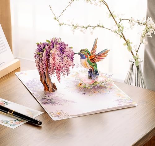 CUTPOPUP HummingBird Wisteria Pop Up Birthday Cards for Women, 3D Flowers Birthday Greeting Card for Her Wife Mum Valentines Card Anniversary Happy Mothers Day Cards (Wisteria) US8-AN162US