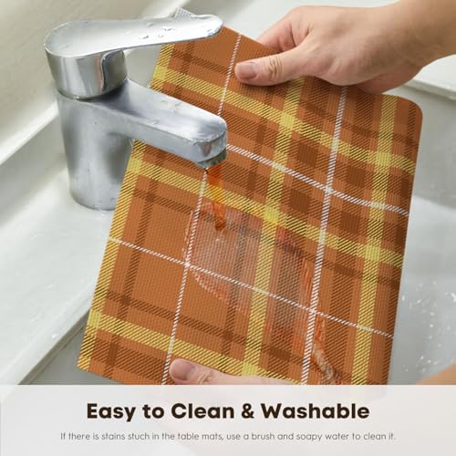 Artoid Mode Orange Striped Check Thanksgiving Vinyl Placemats Set of 4, Heat Resistant Non-Slip Woven Plastic PVC Place Mat for Party Kitchen Dining Decor