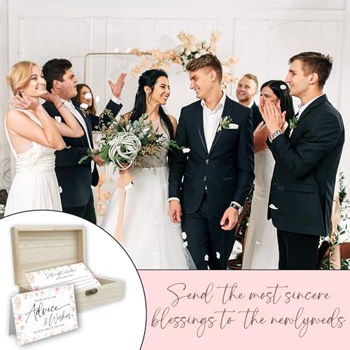50Pcs Wedding Advice Cards with Wooden Box & 2 Black Pens - Pink Flowers Bridal Shower Advice and Wishes for Mr & Mrs - Bridal Shower Game Decorations & Reception Party Supplies - A06