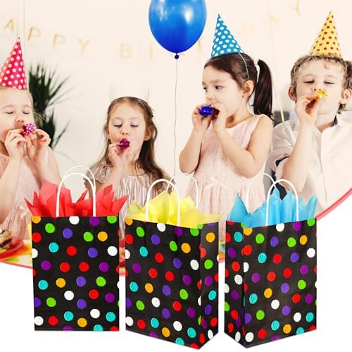 BLEWINDZ 32Pcs Small Gift Bags with Tissue - Polka Dot Black Party Gift Bags with Handles, Colorful Rainbow Paper Goodie Bag for Party Favors, Kids Birthday