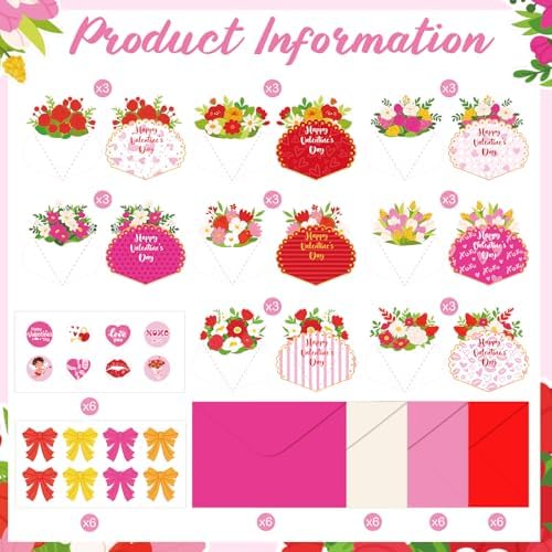 Funrous 24 Pack Valentine's Day Flower Cards with Envelopes Stickers