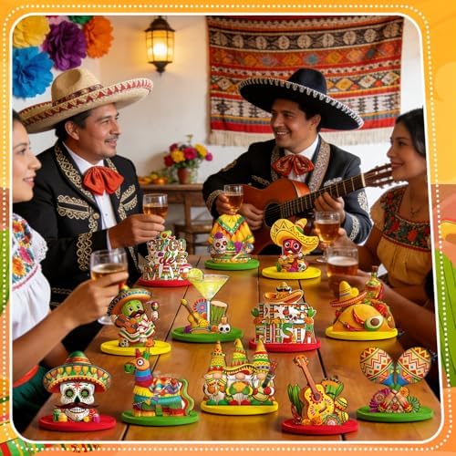 Wesiti 12 Pcs Cinco De Mayo Table Decorations Mexican Fiesta Party Decorations Wooden Cinco De Mayo Centerpiece Signs Taco Maracas Guitar Sombreros Table Topper Tiered Tray Decor for Home Office