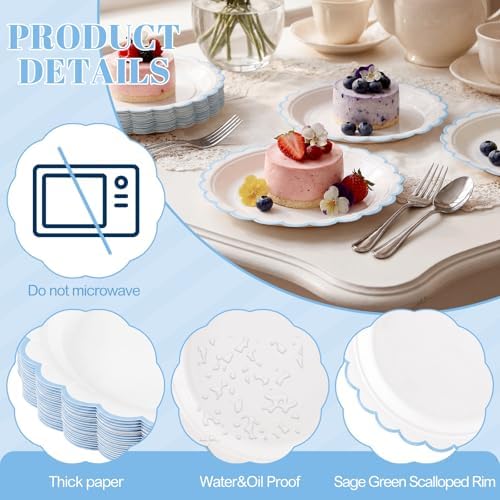 NatNarr 30 PK Light Blue Plates 7" Scalloped Blue White Dessert Cake Plates
