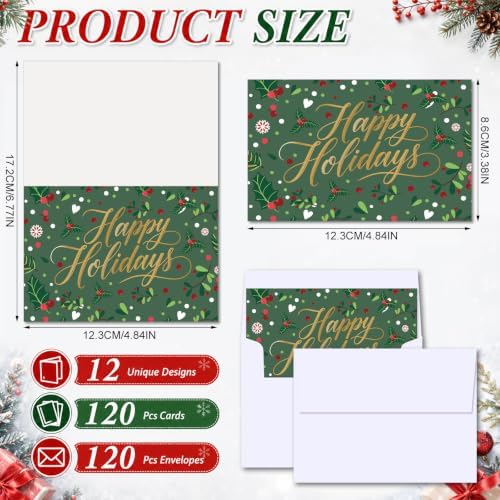 AmazingSpark 120 Pack Happy Holiday Card with Envelope Bulk Green Botanical