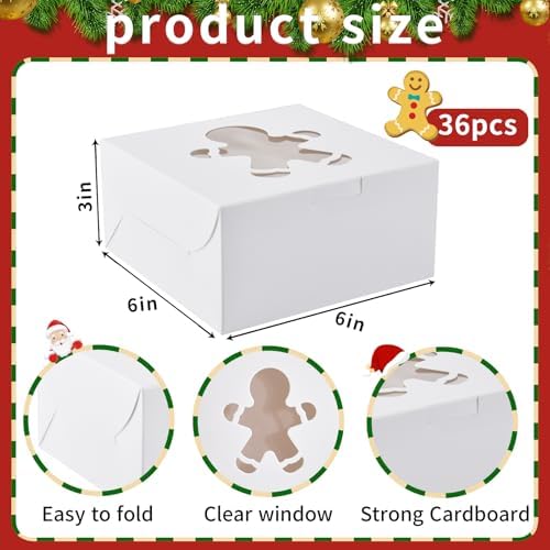 KPOSIYA 36 Pack Christmas Cookie Boxes for Gift Giving, 6x6x3 Inch White Bakery Boxes with Window, Large Holiday Cookie Tins with Lids, Small Xmas Treat Boxes for Pastry Dessert Cupcakes Packaging