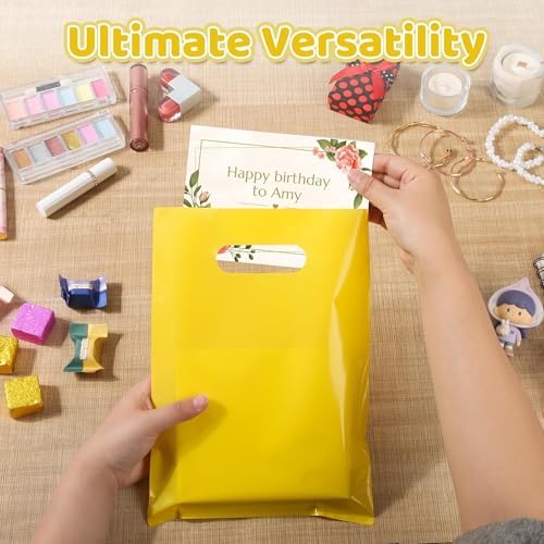 VieFantaisie 50 PCS Yellow Party Favor Bags, 8" x 11" Goodie Bags for Candy Treat Craft Easter Egg, Plastic Gift Bag with Die Cut Handles for Birthday Party, School Events & Small Business, Wedding