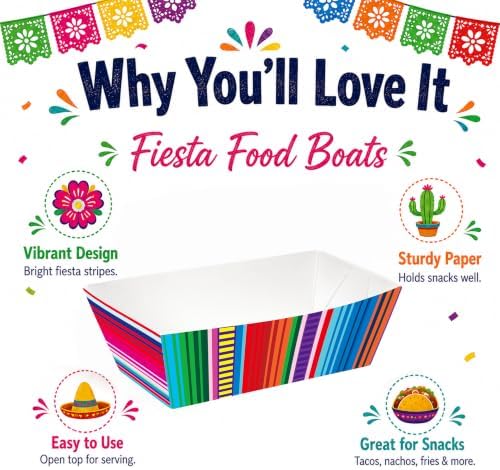 100 Pcs Mexican Fiesta Paper Food Trays, Pre-Folded Disposable Food Boats for Tacos, Nachos, Burritos, Fries, Snacks, Taco Tuesday, Fiesta Party Supplies