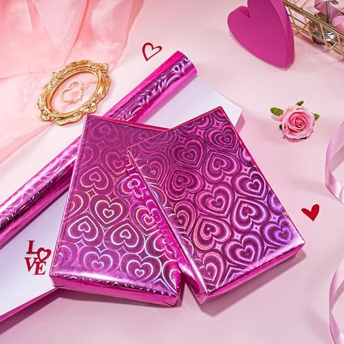 WRAPAHOLIC Heart Wrapping Paper Roll - Mini Roll - 17 Inch x 16.5 Feet - Hot Pink Heart Metallic Holographic Wrapping Paper for Valentines Day, Birthday, Wedding, Baby Shower, Bridal Shower