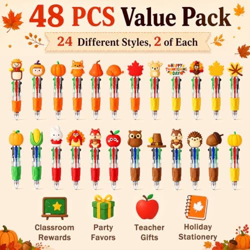 48PCS Thanksgiving Fun Pens Cute Autumn 4-in-1 Multicolor Gift Pens Bulk