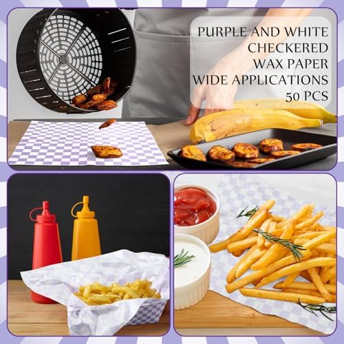Geosar 100 Pcs Gingham Paper Food Tray with Wax Paper,Purple White