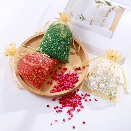 Hopttreely 100 Pieces Moon Star Organza Jewelry Candy Bags, 4x6 Inch Gold Organza Pouch Small Gift Bags with Drawstring for Christmas Party Favors Wedding Valentine's Day Eid Mubarak Party Favor Bags
