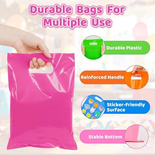 VieFantaisie 50 PCS Hot Pink Party Favor Bags, 8" x 11" Goodie Bags for Candy Treat Craft Easter Egg, Plastic Gift Bag with Die Cut Handles for Birthday Party, School Events & Small Business, Wedding