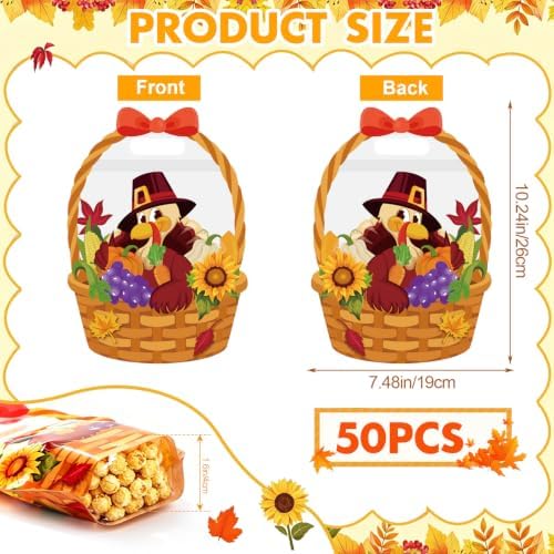 FOIMAS 50pcs Thanksgiving Bags Plastic Fall Goodie Bags with Handles Ziplock Basket Resealable Candy Bag for Thanksgiving Harvest Holiday Party Gift Wrapping Supplies Decoration Favor