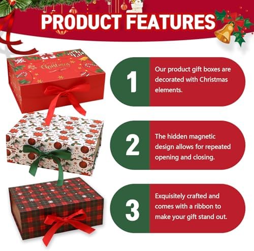 Dimore Christmas Magnetic Gift Boxes with Lids, Collapsible Hardboard Gift Packaging, Red & Green Holiday Boxes for Presents, 4 Pack (Multiple Sizes) (4Pack Christmas 9.5"*6.9"*4.2")