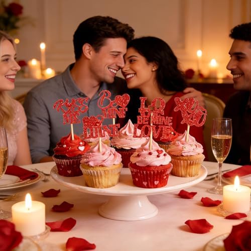 24Pcs Valentine's Day Cupcake Toppers, Glitter Word Heart Cake Decorations