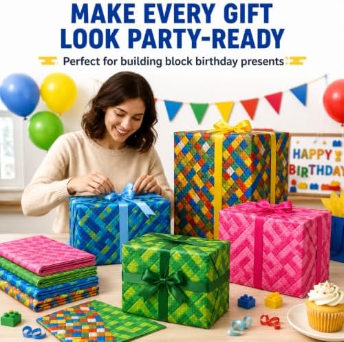 Building Blocks Wrapping Paper, Double-Sided Gift Wrap Sheets for Birthdays
