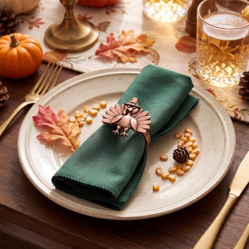 EBOOT 16 Pcs Fall Thanksgiving Napkin Ring Set 8 Napkin Rings and 8 Washable Thanksgiving Dinner Napkins for Fall Party Holiday Kitchen Table Decoration for Autumn Party Supplies (Cute Turkey,Metal)
