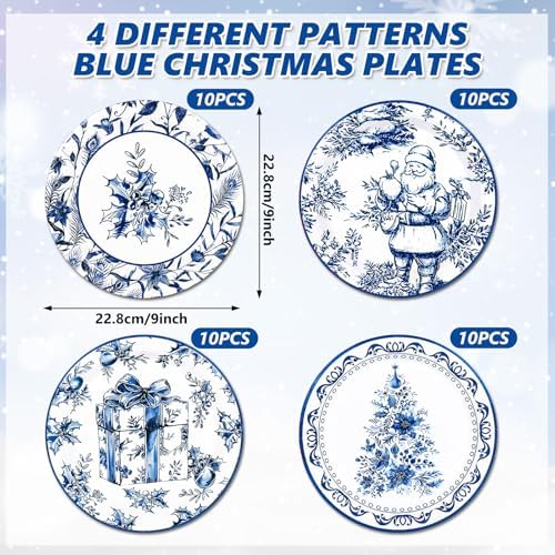 Whaline 40 Pcs Christmas Paper Plates 4 Designs Chinoiserie Blue and White Porcelain Xmas Tree Santa Claus Disposable Plates Tableware for Winter Party Tableware Supplies, 9 In