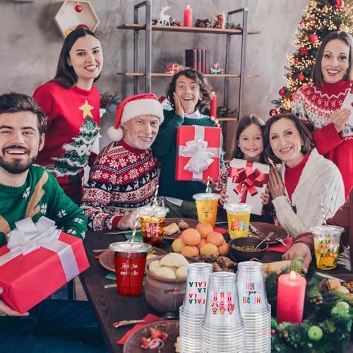 Jingmore 50 Sets Christmas Disposable Plastic Cups with Lids and Straws