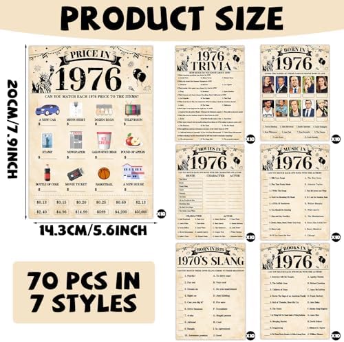 70Pcs 50th Birthday Party Games Born In 1976 Fun 1976 Trivia Music Slang Books Game Double-Sided Game Cards Vintage 50th Birthday Party Supplies for 50 Year Old Activity Anniversary Class Reunion