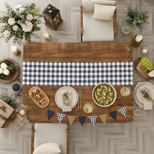 Gingham Table Runner - Blue and White Checkered Table Runner for Baby Shower, Birthday Party, Wedding Decorations | Farmhouse Kitchen Dining Table Decor Party Supplies for Home Indoor Outdoor