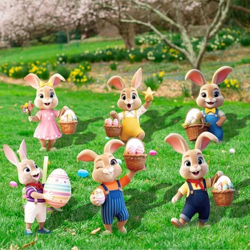 6-Piece Easter Bunny Yard Signs with Stakes – 6 Assorted Cute Rabbit Designs 13.8 Inches Tall Outdoor Lawn Decorations for Easter Egg Hunts, Spring Garden Parties, and Yard Displays