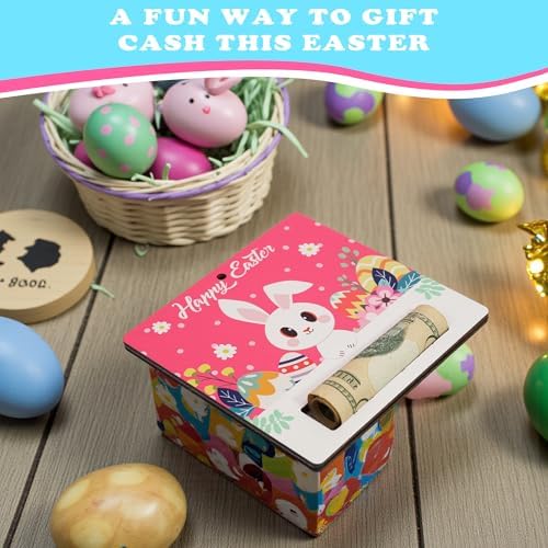 KATINAT Easter Bunny Gift Holder for Cash, Pack of 2 Wooden Rabbit Currency Display, Spring Basket Stuffers for Teens & Kids, Bunny Holding Holiday Egg Money Present, Pink Rabbit Cash Set