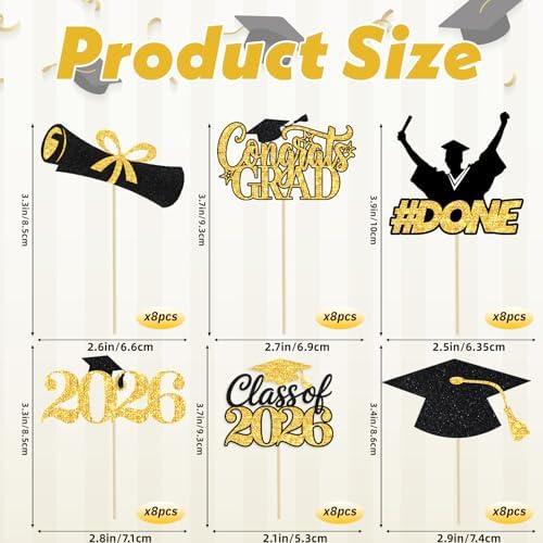 24 Pieces 2026 Graduation Cupcake Toppers and Wrappers, Adjustable Grad Cap Diploma Cake Decorations for Class of 2025 Graduation Party Supplies (Black Gold)