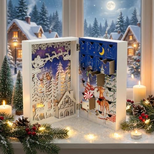 Lighted Wooden Christmas Advent Calendar Book, White