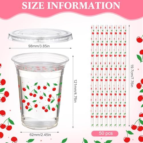 Funnymoom 50 Sets Cherry Disposable Plastic Cups Bulk with Lids Straws 16 oz Red Cherry Clear Plastic Cups Flower Cold Beverage Drinking Container for baby shower Birthday Daily Holiday Party Supplies
