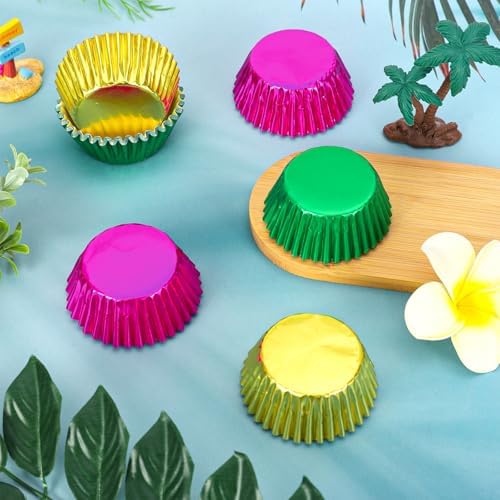 Whaline 150Pcs Hawaiian Foil Cupcake Liners Baking Cups Green Rose Red Yellow Foil Metallic Cupcake Wrappers Muffin Liners for Summer Tropical Luau Party Supplies