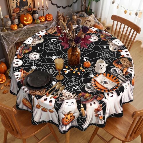 Black Halloween Tablecloth Round 90 Inch, Washable Fabric Spider Web Ghost Table Cloth Round Halloween Tablecloth Table Cover for Kitchen Dining Party