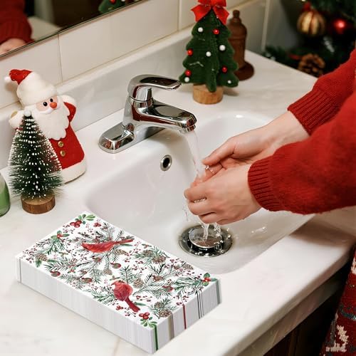 WRAPAHOLIC 50Pcs Christmas Paper Napkins - 3 Ply Cardinal Bird Pinecone Guest Disposable Hand Towels for Bathroom, Christmas, Holiday, Party Celebration - 4.3 x 7.9 In