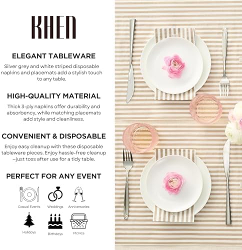 Khen 100-Count Luxury Disposable Napkins, European Stripes Design – 2-Ply Tableware, Linen-Feel Paper Guest Towels Elegant Soft & Absorbent Hand Towel, Party Napkin Placemats, 15.75"x13" - Silver Grey