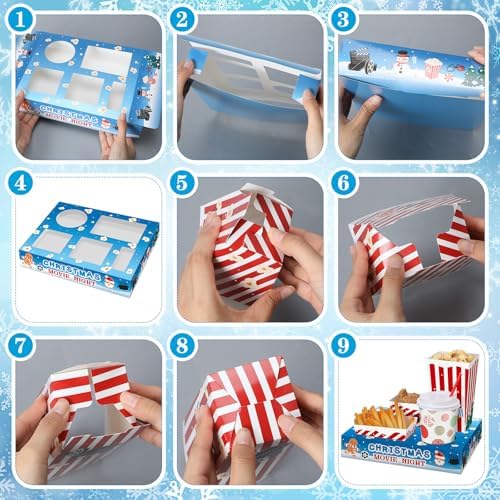 Bokon 172 Pcs/ 24 Sets of Christmas Movie Night Snack Trays 3 Sizes Snack Boxes, 16 oz Disposable Drinks Cups, 50 Straws, Complimentary Sealing Stickers for Cinema Party Decoration Family Gatherings