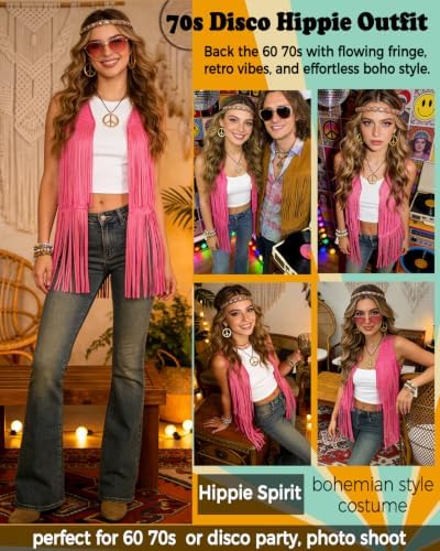 60s 70s Outfit for Women Hippie Costume Clothes Fringe Vest Accessories
