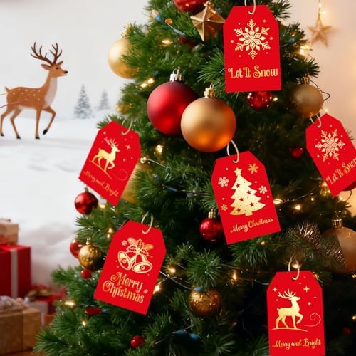 joycraft 60Pcs Christmas Gift Tags, 4 Styles Red Gold Foil Holiday Tree Tag