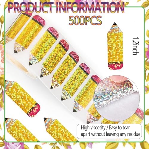 500Pcs Back to School Pencil Stickers Roll 1in Laser Pencil Waterproof Decals Self-Adhesive Sparkly Stationery Stickers for First Day of School Party Supplies Envelope Scrapbook Decorations