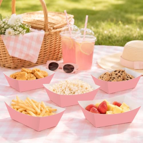 100 Pcs Pink Paper Food Trays, Pre-Folded Disposable Snack Boats for Popcorn, Candy, Fries, Nachos, Desserts and Snacks, Pink Party Supplies for Birthday, Baby Shower, Dessert Table