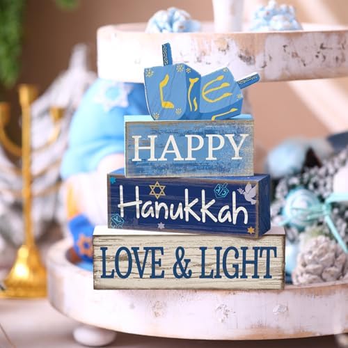 Lineshading 4 Pcs Hanukkah Table Decorations for Home, Wooden Dreidel Signs